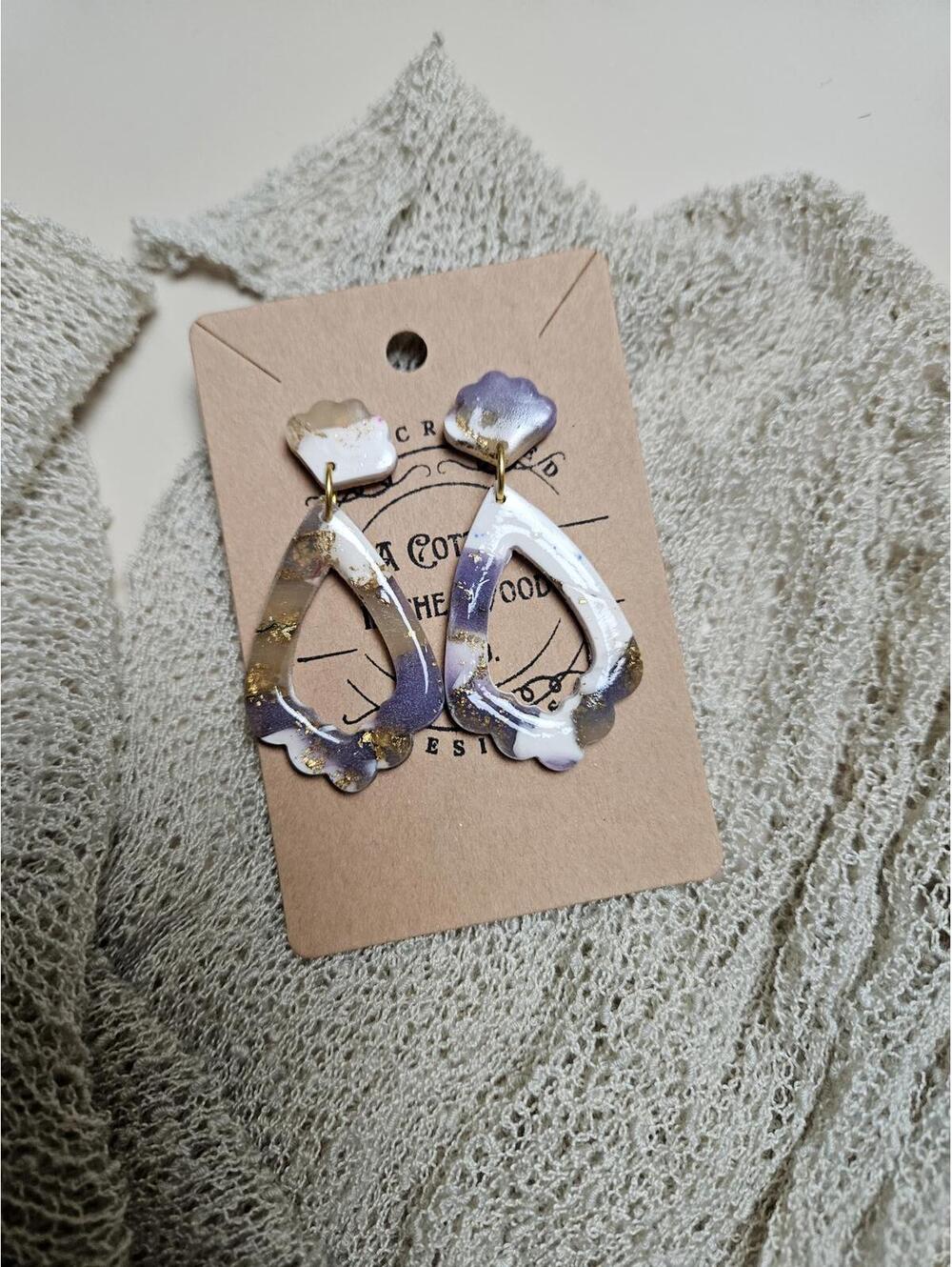 Handmade Polymer Clay Marble Purple Drop Earrings with Gold Flecks